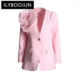 Women's Suits ILYBOOJUN Solid Patchwork Appliques Blazers For Women V Neck Long Sleeve Spliced Pockets Casual Loose Blazer Female Fashion