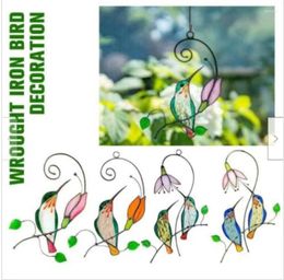 Decorative Figurines Stained Glass Birds Suncatcher Ornament Metal Window Garden Hanging Decoration Wall Mount Pendant For Home Party