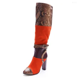 Boots 2024 Sexy Snake Print Women Long Chunky High Heel Knee Boot Ladies Large Size Winter Shoes Block Party