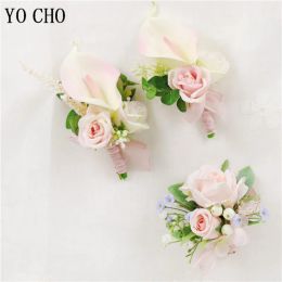 YO CHO Boutonniere Bridal Wrist Corsage Wedding Silk Rose Calla Lily Flower Pink Girl Newest Design Handmade Wedding Boutonniere