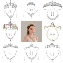 designer design luxury crystal headwear crown three piece set bride wedding accessories necklace earrings crown jewelry princess hair accessories
