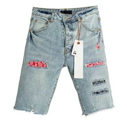 Men's Jeans Purple Roca brand denim jeans top street original edge tear hole patch denim shorts in the United States five minute beach pants J240527