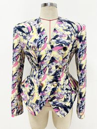 Vinatge 2024 V Neck Feather Print Long Sleeves Slim Fit Women Suit Jacket High End Women Coats 52822