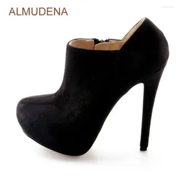 Boots ALMUDENA Women Fall Ultra-high Heel Ankle Black Suede Concise Zipped Dress Shoes Platform Party Gladiator Boot