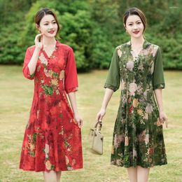 Party Dresses Folk Floral Printed Vintage Summer Elegant V-Neck Button Women's Clothing A-Line Waist Casual Half Sleeve Midi Dress