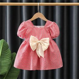 Girl's Dresses Summer baby girls dress plaid cotton bow sweet daily knee-length short-sleeved skirt H240527 2I79