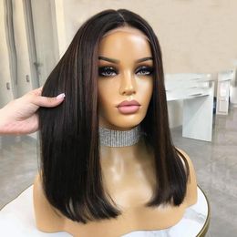 13X4 Bob Lace Closure Wig Indian Straight Human Hair for Black Women Dark Brown Highlight Bob Lace Front Wigs Blunt Cut Wig