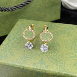 Shiny Clear Diamond Pendant Earrings Charm Interlocking Letters Eardrops Ladies Elegant Designer Ear Hoops With Box 270V
