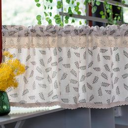 Curtain Cotton And Linen Short Kitchen Rustic American Style Cabinet Cover With Lace Leaf Print Half Window Door