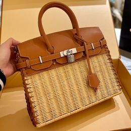 Tote Straw Bag Hand-Woven Shoulder Bag Women Handbag Silver Hardware Accessories Lock Trim Cowhide Leather Handle Weave Clutch Hollow-O 215C