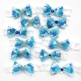 Dog Apparel 50pcs Cute Winter Style Small Bow Tie Necktie Snowflake Blue Bows With Elastic Band For Dogs Cat Puppy Grooming Collar