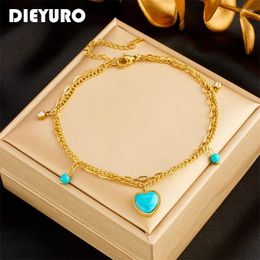 Anklets DIEYURO 316L Stainless Steel Heart-Shaped Green Stone Charm For Women Trend Girl Leg Chain Jewellery Gift Party Wedding