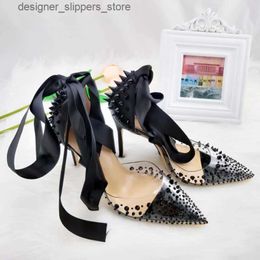 Sandals 2023 New Black Rhinestone Pointed High Heels Womens Silk Feet Loop Tie Sexy High Heels Q240528