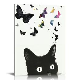 Arte della parete del gatto nero Stampa artistica colorata di farfalla, poster gattino Rainbow Kitty decorazioni di pittura, arte della parete moderna, regali di gatti carini per amanti dei gatti donne, camera da letto, decorazione della casa