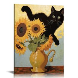 Funny Black Cat Art Poster Vintage Sunflower Cat Print Canvas Wall Art Cute Animal Room Aesthetic Prints Painting For Home Bedroom Dorm Wall Decor