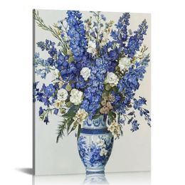 Chinesischer Stil blau und weißer Porzellandruck Vase Poster Wandkunst Poster Scroll Leinwand Malerei Bild Wohnzimmer Dekor Home gerahmt
