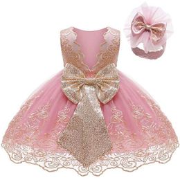 Girl's Dresses Stumbling toddler girl baby sequin large bow lace dress formal birthday party attire Christmas backless luxury clothing H240527 NUC7