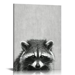 Sylvie Raccoon Black and White Portrait Framed Canvas Wall Art