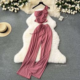 Summer New Sweet and Spicy Girl Womens Casual Two Piece Set with Small Design Sense Off the Shoulder Suspended Tank Top High Waist Wide Leg Pants
