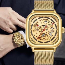 Luxury Golden Automatic Relogio Masculino Top Brand Design Quartz Wristwatch Fashion Square Hollow Steel Mechanical Watches Men Wristwa 262U