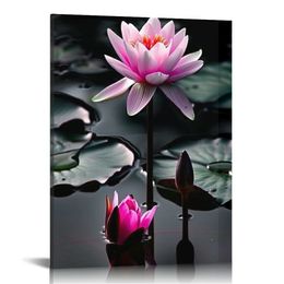 Lotus Flower Canvas Wall Art Black White and Pink Water Lilies Pictures Prints Zen Floral Artwork for Yoga Spa Room Bathroom Decor