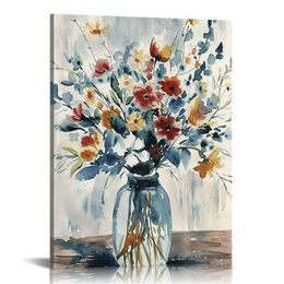 Abstract Flower Bouquet Wall Art: Grey Blue Floral in Jar Painting Blossom Picture on Canvas for Bedroom