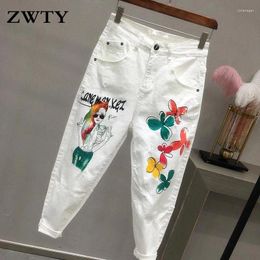 Женские джинсы Zwty Plus Quems Women White Denim Cartoon Graffiti Flowers Print Растянутые брюки карандаша Hallen