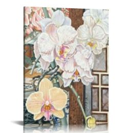 Grey Wall Decor, Flower Wall Art, Yellow Orchid Pictures Canvas Print for Bedroom Living Room Wall Decoration Floral Artwork Painting