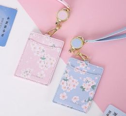 Cherry Flowers PU Card Holder Retractable Lanyard 2 Bits Card Bag Women Identity Badge Reel Rope Card Case ID IC Holders9506684