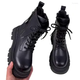 Boots Black Punk Ankle Thick-soled Motorcycle Women's Lace-up Spring Thick Heel Belt Buckle Pocket Designer Chunky Shoes