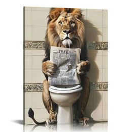 Забавный лев ванная комната холст стена искусство милый лев в туалетных плакатах Черно -белые принты животных.