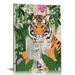 Bathroom Tiger on Toilet Reading Newspaper Canvas Poster Painting Wall Art, Tiger Print Picture Artwork Framed Ready to Hang for Restroom Wall Decor