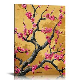 Azjatycka sztuka kwiatowa Orientalna Czerwona Plum Blossom Płótno drukuje chińskie dzieło kwiatowe do dekoracji ściennej w ramce