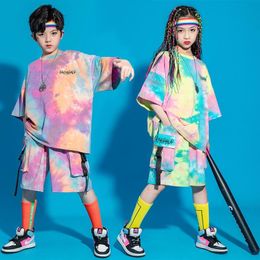 Stage Wear Kid Summer Hip Hop Clothing Graphic Tee Tie Dye Oversized T Shirt Top Streetwear Cargo Shorts Dance Costume Clothes For Girl 251P