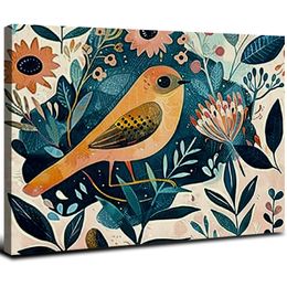 A Set of Four Prints, Boho Mid Century Whimsical Birds, Plants Flowers, Canvas Giclee, Acrylic Watercolour Botanical Wall Folk Art