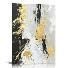 Black Abstract Wall Art Decor - Black and Gold Canvas Wall Decor with Texture for Living Room, Bedroom, Office, Framed, Ready to Hang