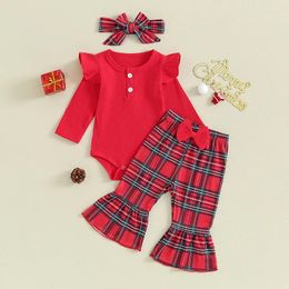 Clothing Sets Baby Girls 3 Piece Outfits Christmas Ribbed Long Sleeves Romper And Elastic Plaid Flared Pants Headband Set Fall Clothes