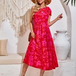 Casual Dresses One Shoulder Floral Print Summer High Waist Ruffle Long Dress For Women Holiday Vacation Beach Sundress Vestidos