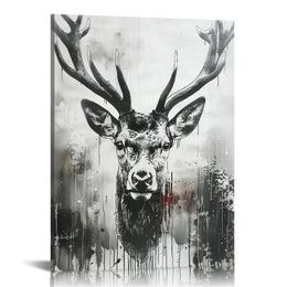 Deer Wall Decor, Young Buck Canvas Art Print, Black and White Rustic Hunting Pictures, Animal Head Paintings for Bathroom Home Rustic Cabin Decor Ready to Hang