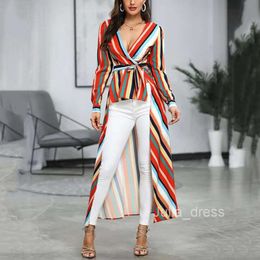 2024 Autumn Rainbow Stripe Dress Deep V Slim Fit Front Short Back Long Coat