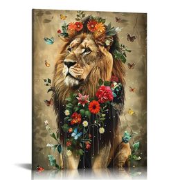 Винтажный львовый холст стены искусство дикая природа король животное с цветочной бабочкой живопись искусство для спальни декор гостиной
