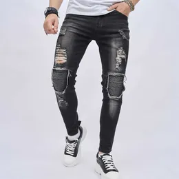 Men's Jeans Male Comfort Stretch Denim Straight Leg Relaxed Solid Colour Patch Design Ripped Casual High Quality Pants