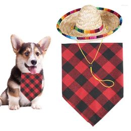 Dog Apparel Pet Drool Bib Plaid Bandana Bibs Scarf Triangle With Straw Hat Towel For Dogs Cats Small Medium Pets Stylish Non