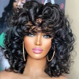 180density Brazilian Short Bouncy Curly Bob Wig with Bang Afro Rose Curly Funmi Wigs with Bang Rose Curly Simulation Human Hair Wig for Aokd