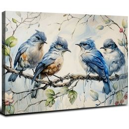 Bird Canvas Wandkunst, blaue und weiße Liebesvögel auf Zweig Malerei Malerei Print Vintage abstraktes Bildposter für Küchenstudiendekoration