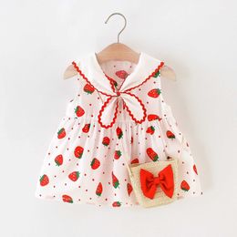 Girl's Dresses Girls Fashion Navy Blue Collar Strawberry 9 Months to 3 Years Old Sleeveless Gift Bag 2023 Round Neck Cotton Summer Dress H240527