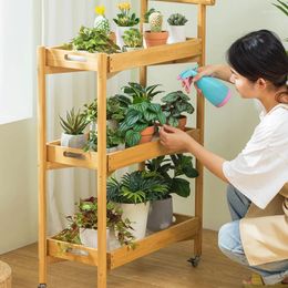 Kitchen Storage Small Cart Flower Rack Living Room Floor Standing Balcony Pot Succulent Solid Wood Simple Modern Indo