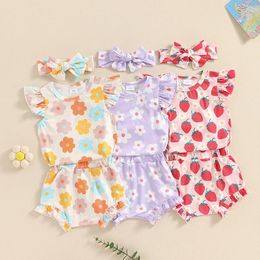 Clothing Sets FOCUSNORM Born Baby Girls Summer Clothes 0-6M Ruffles Flying Sleeve Strawberry/Floral Print Romper Shorts Headband