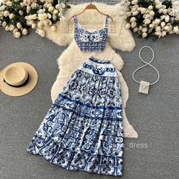Summer Blue and White Porcelain Printing Set for Women with Three Dimensional Chest Pads Short Bra Sling and Pleated Half Skirt Set