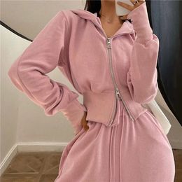 2023 Autumn Tracksuit Women Two Piece Set Korea Zip Up Hoodie Drawstring Sweatpants Casual Pants Solid Sportswear Female Suit 240518